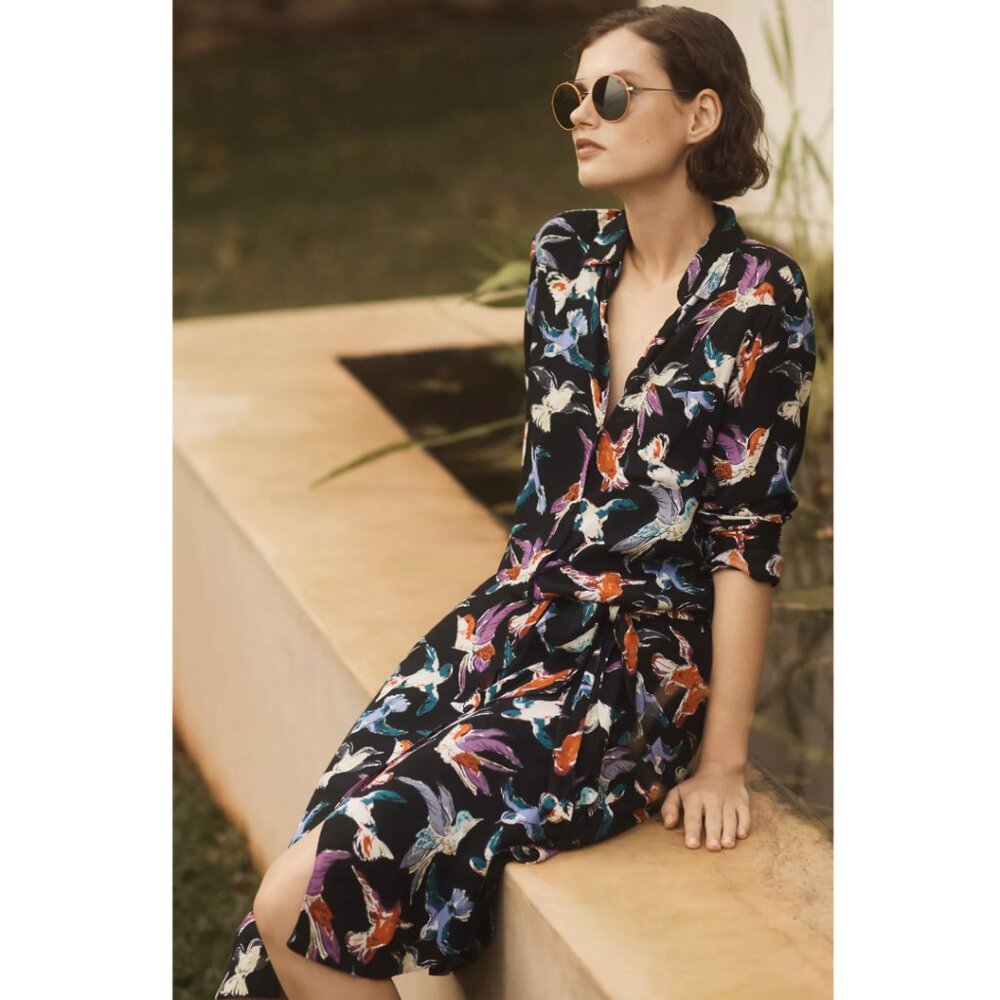 Anthropologie Black Midi Dress with Multicolor Bird Print